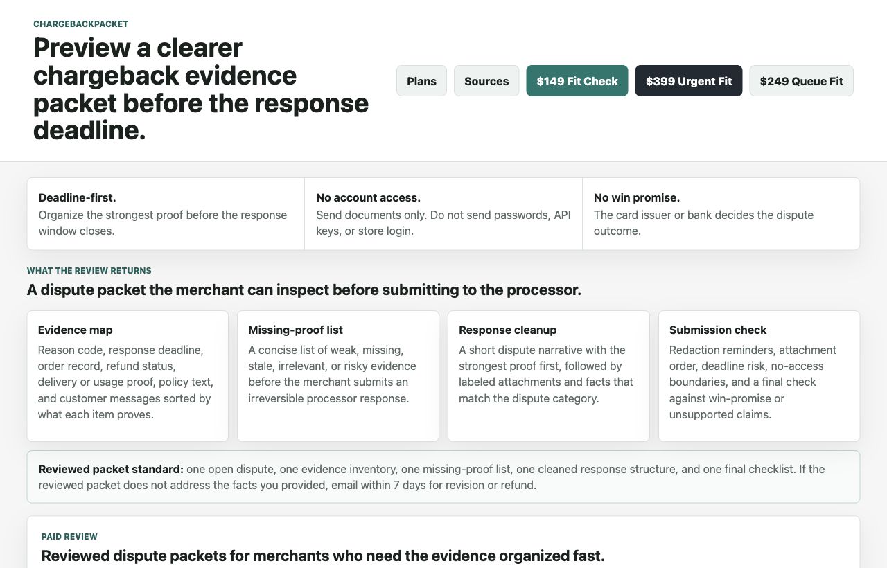 ChargebackPacket product page screenshot