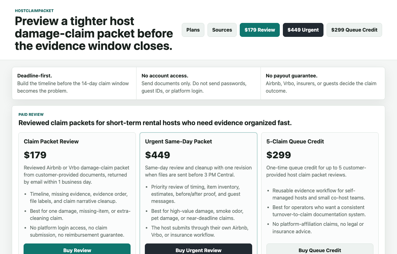 HostClaimPacket product page screenshot
